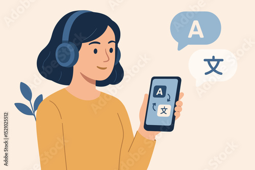 Young Woman Using Real-Time Translation App on Smartphone for Instant Language Communication. Digital Interpreter Headset Foreign Speech Bubble. AI Conversation Assistant Technology.