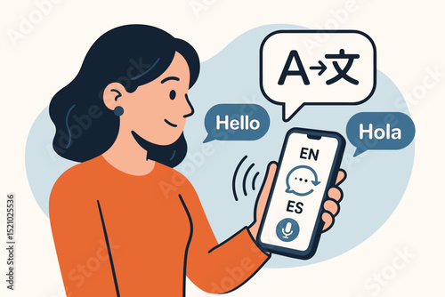 Woman using a real-time language translation app on a smartphone, facilitating instant communication and overcoming language barriers with digital technology and modern mobile tools