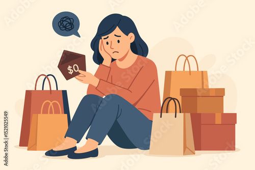 Buyer's remorse and financial stress. Unhappy woman with empty $0 wallet after shopping spree. Illustrates overspending, debt, impulsive buying, no money, broke, consumerism, retail therapy regret.