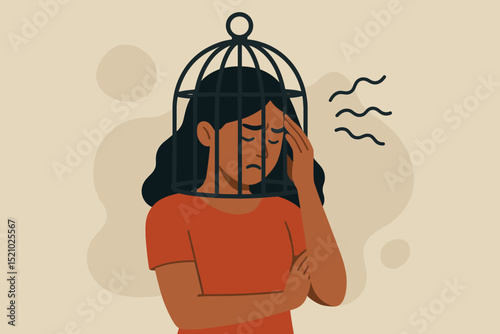 Mental constraint, anxiety, depression concept. Woman head in cage. Psychological distress, stress, trapped feeling, emotional burden. Mental health metaphor. Inner prison illustration.