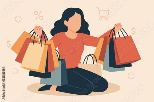 Shopaholic woman sitting surrounded by colorful shopping bags. Happy customer on a shopping spree. Retail therapy, consumerism, sales, discounts, joy of purchase. Modern flat vector illustration.