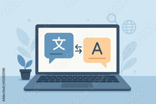 Online language translation application on a laptop computer. Global communication, multilingual technology, and digital international business concept. Modern flat vector illustration for apps.