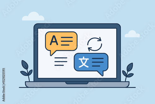 Language translation app on laptop. Online multilingual communication. Foreign language learning service. Digital dictionary. Global translator tool. Speech bubble chat. Modern flat vector.