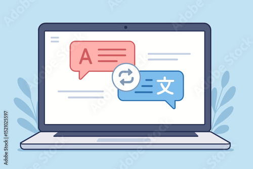 Online language translation app concept on laptop screen. Multilingual communication with digital translator service. Speech bubbles, foreign language exchange icon vector illustration.