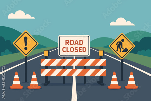 Highway construction site, road closed sign. Traffic safety barrier, orange cones, warning symbols. Roadwork repair maintenance zone. Detour ahead concept. Infrastructure project illustration.