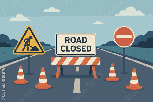 Highway construction zone. Road Closed sign, traffic cones, and worker symbol indicating road repair. Detour and traffic safety measures. Vector illustration for infrastructure maintenance.