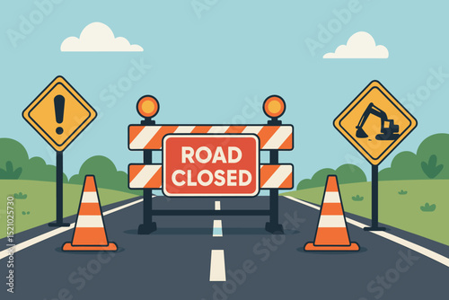 Road closed for construction work ahead. Vector graphic showing street maintenance with safety barrier, warning signs, traffic cones, and excavator symbol. Detour and traffic alert concept.