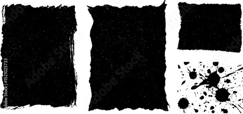 Vintage engraved illustration of frayed cloth edges and ink splatter design elements