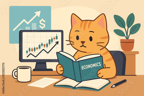 Clever cartoon cat studying economics, finance. Cute animal learning stock market investment. Financial literacy, education, business growth concept. Desk scene with computer chart, book.