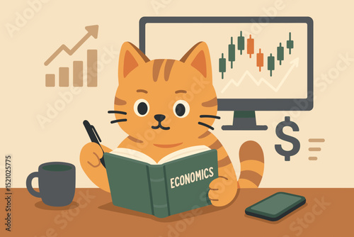 Cute ginger cat studying economics and finance. Kitten learning stock market trading, investment growth, financial literacy. Cartoon character with book, computer chart, coffee. Vector illustration.