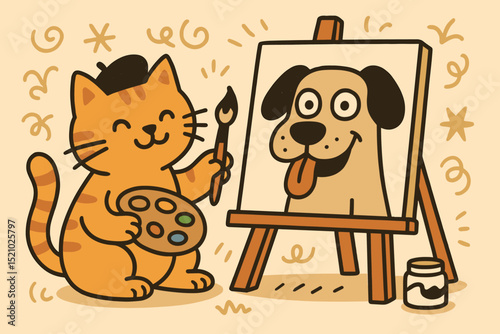 Creative cat artist, a cute tabby in a beret, joyfully painting a happy dog portrait on an easel. Whimsical pet illustration with palette and brush, perfect for art, hobby, and animal talent concepts.