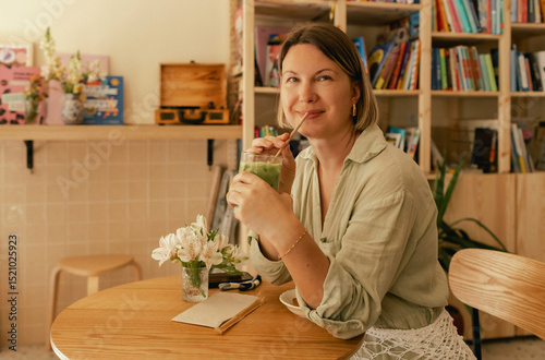 Middle-aged woman scrolls her social media feed on mobile phone in a cozy cafe. Small business. Using phone for business, online shopping, transfer money, financial, internet banking