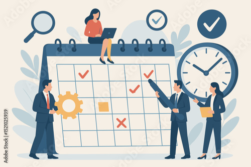 Business team planning schedule, time management strategy, productivity organization. Calendar, clock, deadlines, teamwork, project collaboration, efficiency workflow, office agenda concept