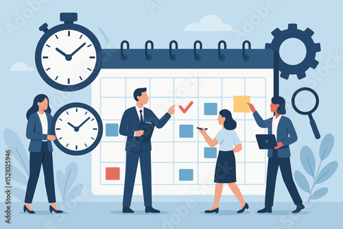 Teamwork and Time Management Concept. Business People Planning Schedule, Meeting Deadline, Organizing Tasks with Calendar, Clocks, and Gears. Productivity and Collaboration in Office