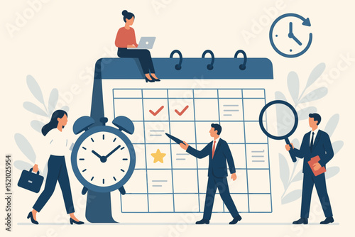 Business teamwork time management concept illustration. Diverse office people plan tasks, organize schedule, set deadlines, analyze productivity, calendar agenda, efficiency, project management