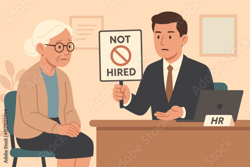 Age discrimination in job interview. HR manager rejects elderly female candidate with not hired sign. Concept of workplace bias, unfair employment practice, career inequality, human resources.
