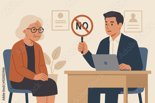 Job Interview Age Discrimination Concept. Businessman Rejects Older Woman Applicant. Unfair Hiring, Ageism, Bias in Recruitment, Human Resources Problem, Workplace Inequality, No Employment Offer