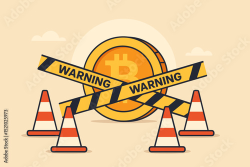 Bitcoin cryptocurrency warning danger concept with caution tape, safety cones, digital currency restrictions, alert for risks, crypto investment security, financial fraud, blockchain scam illustration