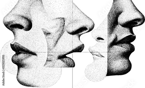 Engraved portrait collage of fragmented profiles for artistic design