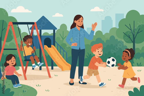 Children Playing on Playground with Teacher Supervision, Kids on Swings, Slide, Passing Soccer Ball, Outdoor Park Fun, Recreation, Childhood Activity, Group Play, Urban Green Space, Summer Day