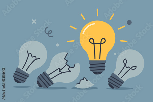 Unique creativity breakthrough concept. Glowing light bulb stands out among broken ones. Innovation, solution, leadership, inspiration, new idea, thinking outside the box, success, problem solving