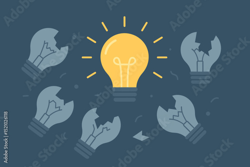 Shining Light Bulb Innovation Concept, Unique Bright Idea Emerges Among Broken Bulbs, Creativity Success Symbol, New Solution Breakthrough, Inspiration and Problem Solving Metaphor Illustration