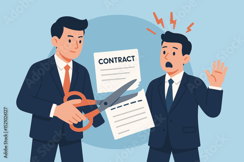 Business termination scene, contract cancellation, manager cutting agreement with scissors, employee shocked, workplace dispute, job loss, legal document void, corporate conflict, firing concept