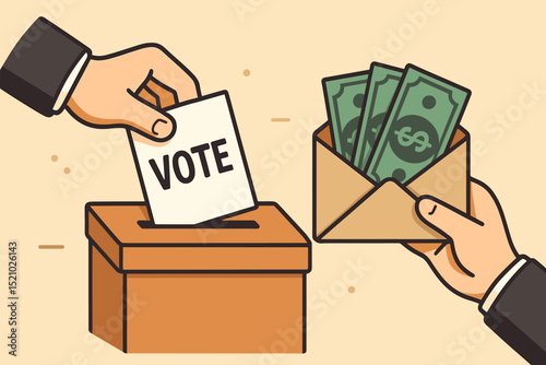 Political corruption concept election bribery vote buying. Hand putting ballot in box, exchanging money envelope. Democracy fraud, electoral misconduct, illegal influence isolated vector illustration