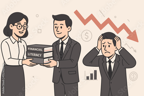 Financial Literacy Education Exchange Concept. Business People Sharing Knowledge, Learning Investment Skills, Managing Money, Economic Crisis, Downward Graph Illustration, Financial Awareness Training