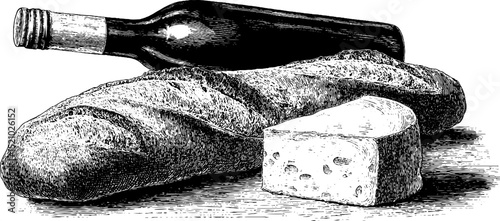 Vintage engraved illustration of french baguette, loaf, and cheese for culinary art design