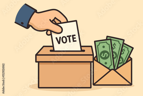 Election bribery concept. Hand casting vote into ballot box with envelope of cash. Political corruption, vote buying, illegal campaign finance, democracy fraud, electoral crime, money influence.