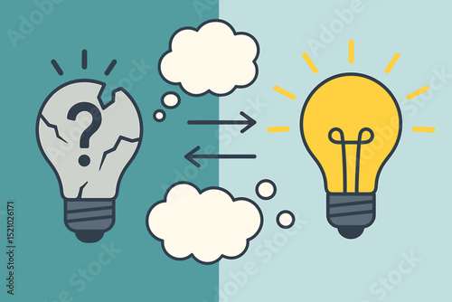 Transforming Confusion Into Inspiration Concept. Broken Lightbulb With Question Mark And Speech Bubbles To Glowing Idea Light Bulb. Creative Problem Solving, Innovation And Brainstorming Vector
