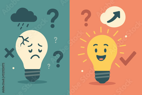 Creative Problem Solving Concept. Sad Broken Lightbulb and Happy Bright Lightbulb Metaphor. Mood Change, Solution vs Failure, Positive Thinking, Innovation, Decision Making, Success and Motivation