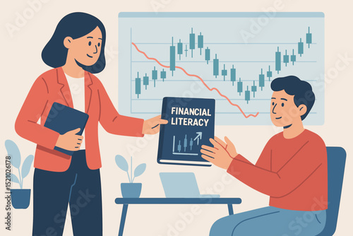 Financial literacy education concept illustration. Woman teaching investing skills, stock market analysis, personal finance, and trading basics. Modern classroom learning with economics chart.