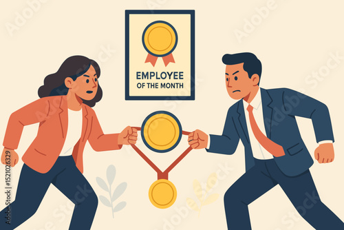 Competitive business colleagues fighting for employee of the month award. Workplace rivalry concept. Man and woman in office conflict. Career competition, recognition, gender equality, teamwork issues