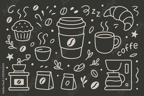 Hand Drawn Chalkboard Coffee Doodles Vector Set. Coffee Beans, Takeaway Cup, Mug, Grinder, French Press, Croissant, Muffin, Breakfast Snack, Bakery, Food Drink Icon Collection, Cafe Menu Art