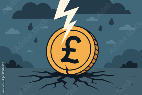 British Pound Sterling Crisis, Economic Recession Concept, Stormy Weather, Lightning Striking Pound Coin, Financial Instability, UK Currency Volatility, Market Crash, Rain and Cracks Illustration