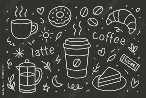 Hand Drawn Chalkboard Coffee Doodles with Cup, Latte, Takeaway, Croissant, Donut, French Press, Cake Slice, Sugar Packet, Coffee Beans, Breakfast Café Elements, Heart and Swirl Accents