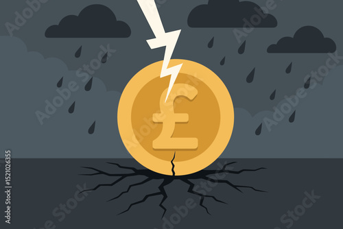British Pound Crisis Concept, Economic Recession Storm. Crashing Pound Sterling Coin Hit by Lightning, Cracked Ground, Dark Clouds, Financial Collapse, UK Currency Instability, Vector Illustration