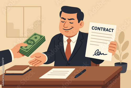 Businessman receives money for contract, symbolizing corruption, bribery, illegal transaction, financial fraud, secret deal. Concept of unfair business practices, ethical dilemmas, illegal income.
