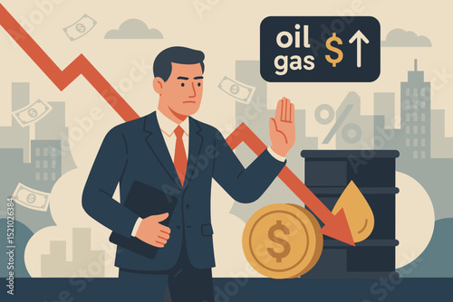 Economic Crisis Management, Oil and Gas Price Surge, Businessman Analyzing Falling Profits, Market Decline, Financial Strategy, Energy Sector Inflation, Dollar Value Drop, Urban Finance Concept