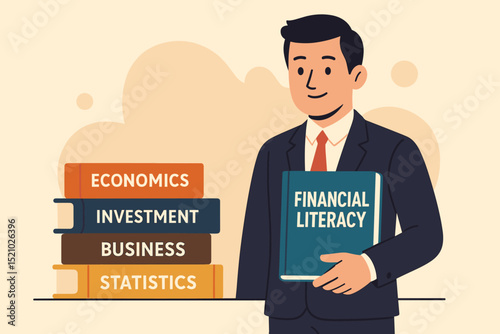 Financial Literacy Education Business Concept Illustration, Professional Holding Book, Stack of Economics, Investment, Business, Statistics Textbooks, Teaching Knowledge, Learning Finance Skills