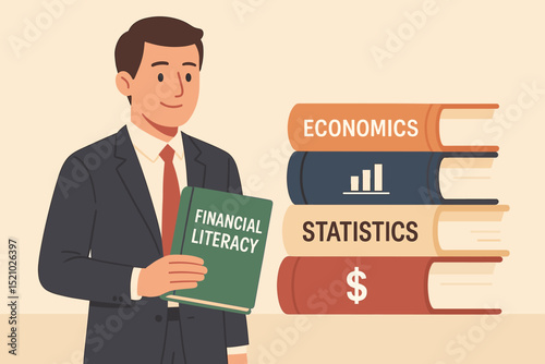 Businessman Holding Financial Literacy Book with Stack of Economics, Statistics, and Finance Textbooks. Education, Knowledge, Money Management, Financial Skills, Economic Study, Learning Concept