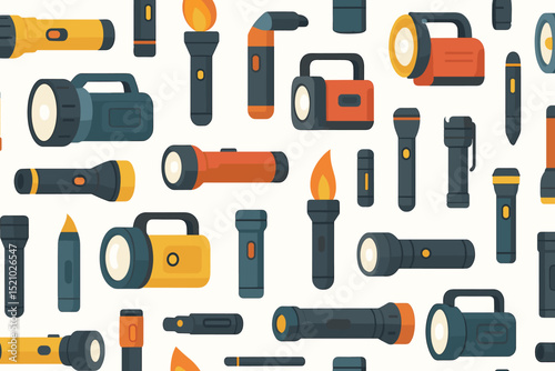 Seamless Pattern of Assorted Flashlights and Torches with Batteries, for Emergency Preparedness, Camping, Outdoor Adventures, or Home Safety Equipment Illustration