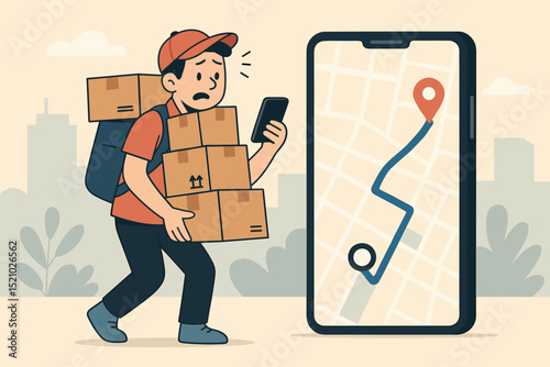 Stressed delivery person overwhelmed by packages, tracking orders on a smartphone with GPS map. Logistics, e-commerce, and courier service concept illustration for efficient parcel delivery.