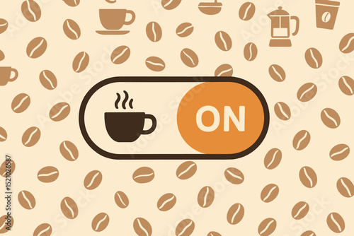 Coffee Break ON Switch Button. Coffee cup and beans background. Hot drink pause concept. Cafe menu toggle. Energy booster. Start morning routine. Business office break time.
