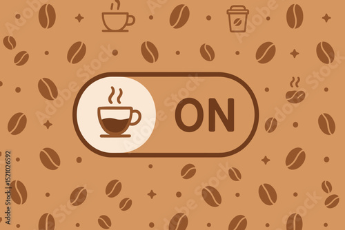 Coffee Break ON Slider Button Concept. Aromatic caffeine energize, awaken, productivity boost. Coffee shop beverage, hot drink, business pause, morning ritual. Flat vector graphic illustration.