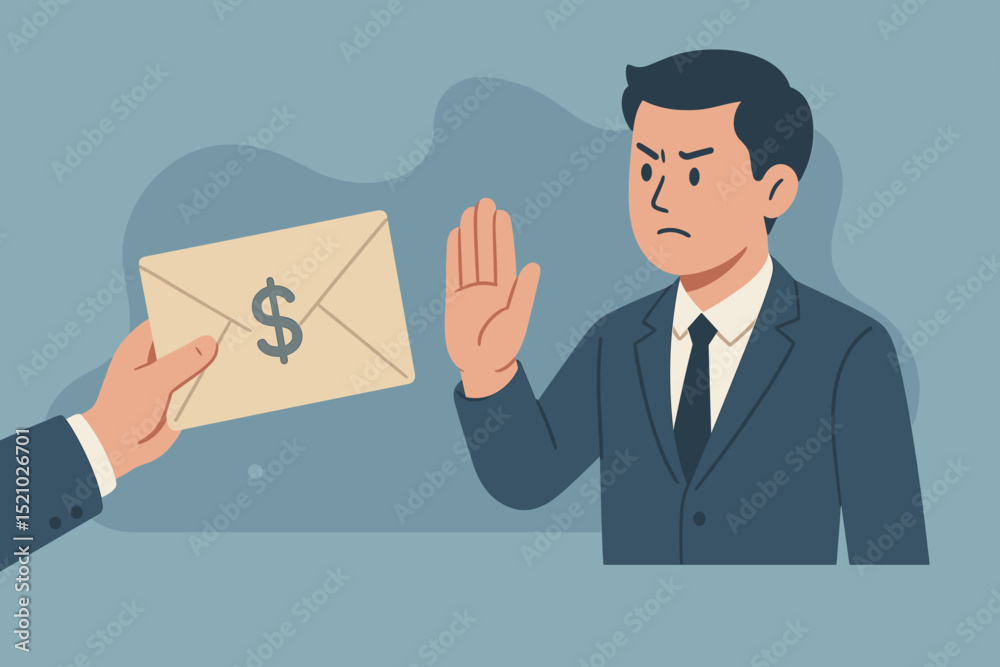 Businessman rejects bribe, illegal money offer, or fraudulent payment in an envelope. Financial refusal, corruption, bribery, and scam prevention. Honest person says NO to dirty money.
