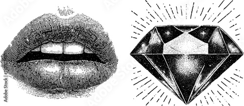 Futuristic lips and diamond engraving art set for design and decoration