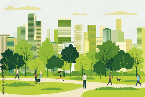 City park against the background of skyscrapers and buildings of a modern city. People are relaxing in the park. Busy park in the city center. Vector illustration of city recreation in the park.